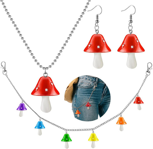 Kenning 3 Pieces Mushroom Pants Chain Dangling Earrings Necklace Set Mushroom Pendant Keychain Drop Dangle Earrings Necklace for Women Jewelry Acc...