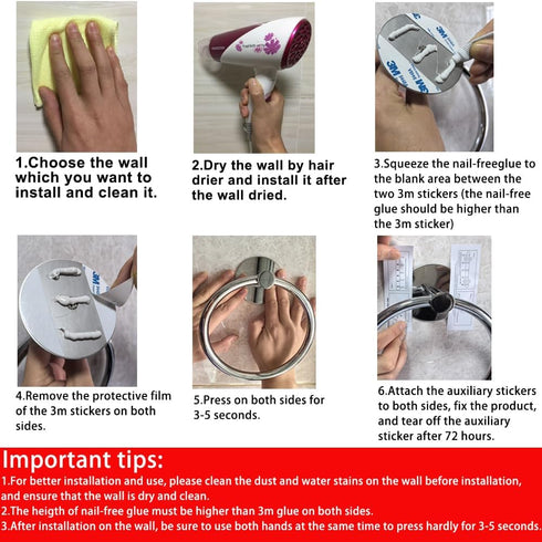 No Drilling 3M Self Adhesive Towel Ring with Extra Strong Nail-Free Glue, Stainless Steel Towel Holder, Bathroom and Kitchen Towel Rack (Chrome)...