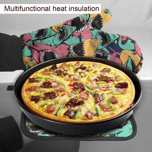 Angry Ocean Shark Oven Mitts and Pot Holders Insulated Gloves & Kitchen Counter Safe Mats for Cooking BBQ Baking Grilling (2-Piece Set)...