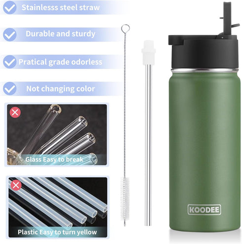 koodee Water Bottle-16 oz Stainless Steel Double Wall Vacuum Insulated Sports Water Bottle with Straw for Girls and Boy (Grass Green)...