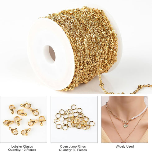 Kyutong 10M Gold Stainless Steel Jewelry Chain in Bulk Beaded Cable Link Chain Roll with Jump Rings and Lobster Clasps for DIY Jewelry Making Supp...