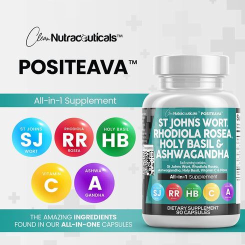 Clean Nutraceuticals St Johns Wort 10000mg Rhodiola Rosea 20000mg Holy Basil 3000mg Ashwagandha 6000mg - Mood Support for Women and Men with Vitam...