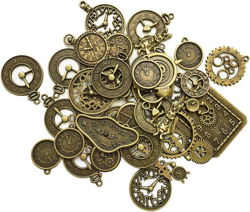 Gnognauq 100 Gram Clock Face Charm Pendant Multistyle Gears Steampunk Pendant for DIY Necklace Bracelet Jewelry Making and Crafting(Antique Bronze...