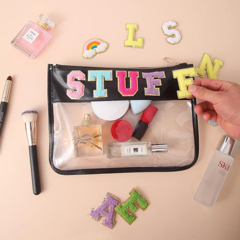 Makeup Bag Waterproof Leather Cosmetic Bag Toiletry Bag,DIY Chenille Letter Bag Nvlon Clear Travel Makeup Bag for Women Girls (Black)...
