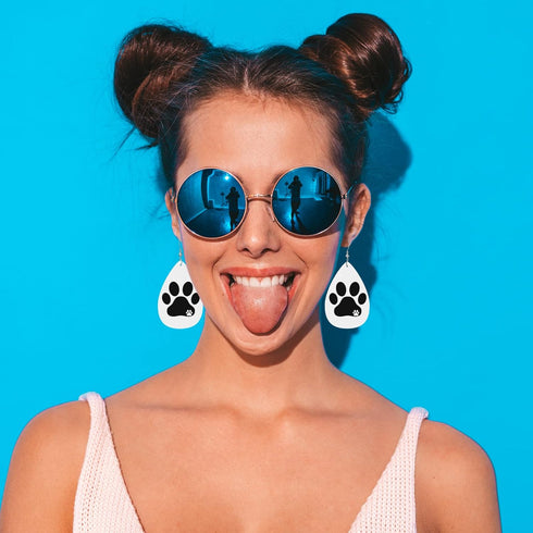 Dog Paw Print Faux Leather Earrings Black Dog Pet Kitten Footprint Teardrop Leather Dangle Earrings Women Earrings For Wedding Bridal...