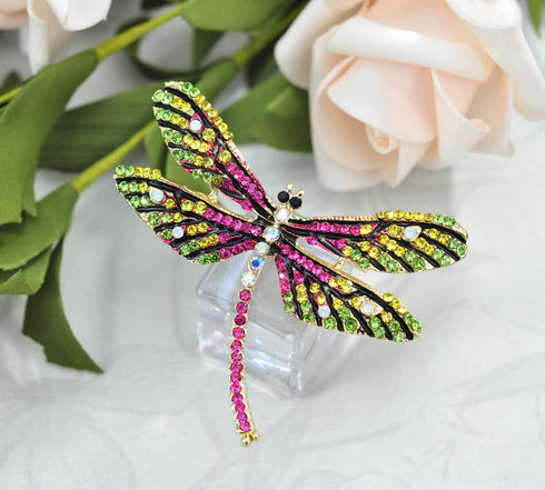 Gyn&Joy Golden Tone Colorful Crystal Rhinestone Dragonfly Flying Insect Brooch Pin For Women BZ198...