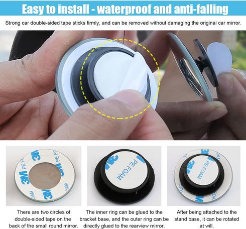 Round Blind Spot Car Mirror - 2" Frameless HD Glass Convex Mirror - 360 Degree Wide Angle Rear View Mirror Side Mirror with Adjustable Stick for C...