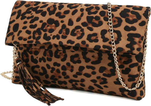 CHARMING TAILOR Leopard Clutch Bag for Women Tassel Foldover Clutch Faux Suede Dressy Purse for Day to Evening...