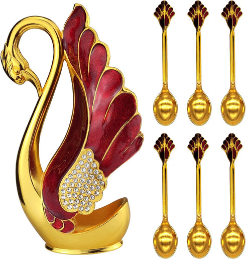 Swan Base Holder with 6pcs Coffee Dessert Dinner Spoon Set, Metal Coffee Spoon Organizer Teaspoon Fruit Dessert Flatware Sugar Ice Cream Spoons (R...