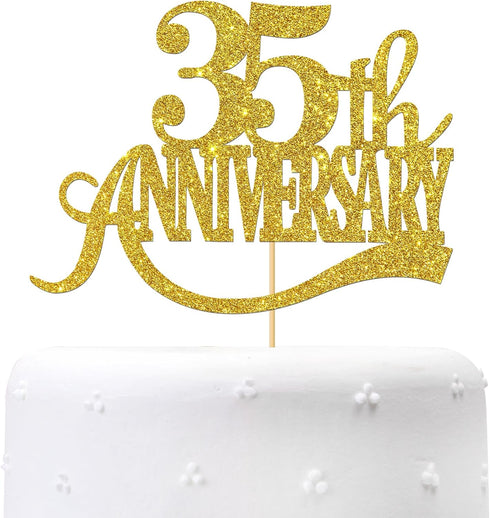Gold Glitter 35th Anniversary Cake Topper - for Happy 35th Wedding Anniversary / 35th Birthday Party/Cheers to 35 Years Party Decorations...