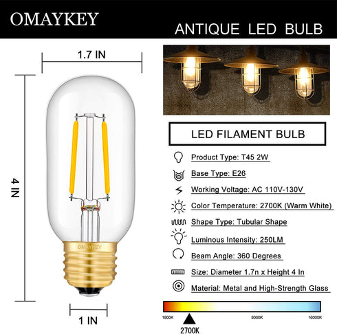 OMAYKEY 2W LED Tubular Bulb 25W Equivalent 250 Lumen, 2700K Warm White E26 Base, Antique Edison T45 Tube Clear Glass Dimmable LED Filament Bulbs, ...