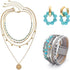 3 Pcs Western Jewelry for Women Bohemian Set, Gold Layered Necklace for Women, Faux Leather Layered Bracelet, Turquoise Beaded Huggie Hoop Earring...