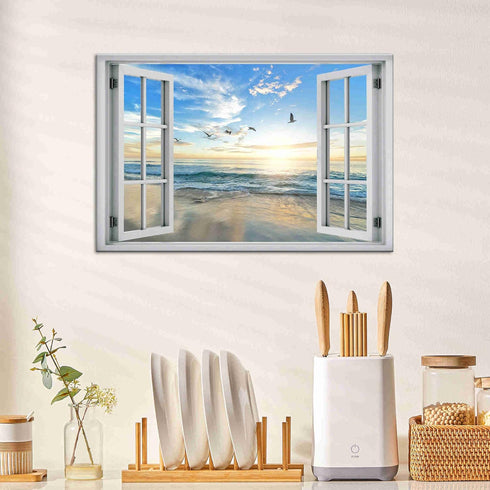 Beach Wall Decor Window View Posters Ocean Seagull Wall Art Nature Landscape Picture Posters Print on Canvas Painting Wall Art for Bedroom Bathroo...
