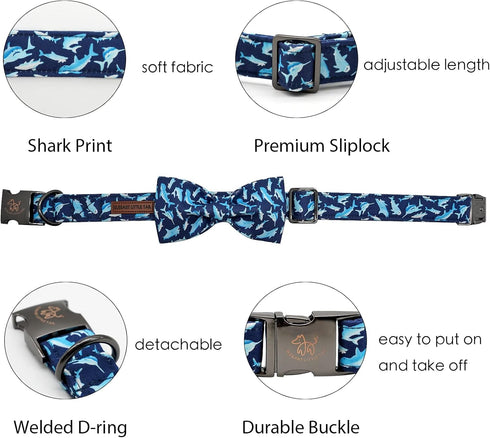 Elegant little tail Dog Collar with Bow, Shark Print Adjustable Dog Collar Cute Bowtie Dog Collar Boy Pet Collar for X-Small Puppy and Cat...