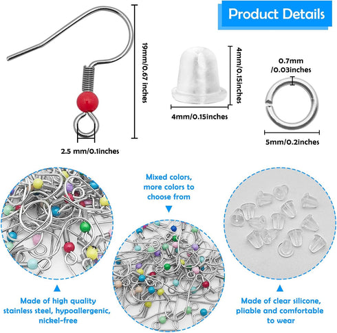 600Pcs Earring Hooks for Jewelry Making Stainless Steel French Earring Hooks Hypoallergenic Ear Wires Colorful Fish Hook Earrings with Earring Bac...