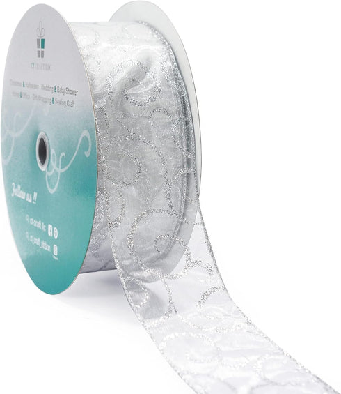 CT CRAFT LLC Organza with Silver Glitter Swirls Wired Ribbon 2.5 inch x 50 Yards for Christmas Home Decor Tree Topper Bow Gift Wrapping DIY Crafts...