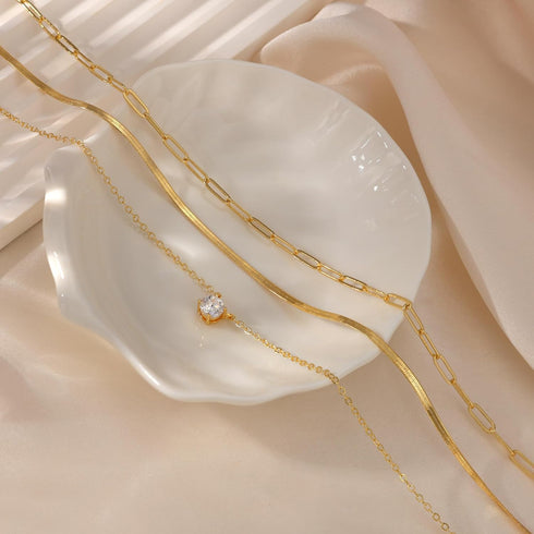 MBW Gold Layered Set Necklaces for Women, Dainty 14K Gold Plated Layered CZ Pendant Necklaces Simple Gold Herringbone Snake Choker Cuban Link Pape...