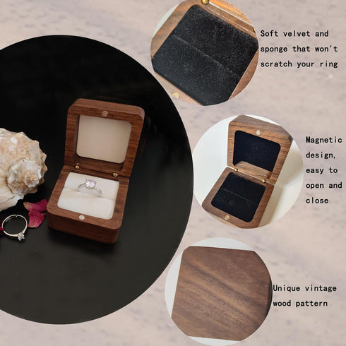 Wooden Ring Box, Personalized Engagement Ring Box Wedding Day Square Ring Box Holder Single Slot Rustic Ring Storage Box (Black)...