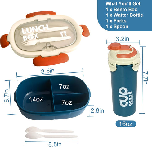 2 Pack Set Bento Box (29oz?and Water Bottle?16oz?for Kids/Adult, Bento Lunch Box with 3 Compartments and Utensils, Leak-Proof, Microwave/Dishwashe...