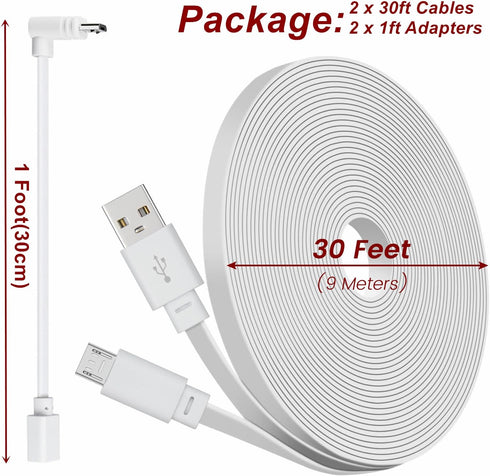 2 Pack 30ft Power Extension Cable Compatible with Wyze Cam v4,Wyze Cam Pan v3,Wyze OG,Wyze Cam v3 and v3 Pro Security Camera - 9m Long Flat USB to...