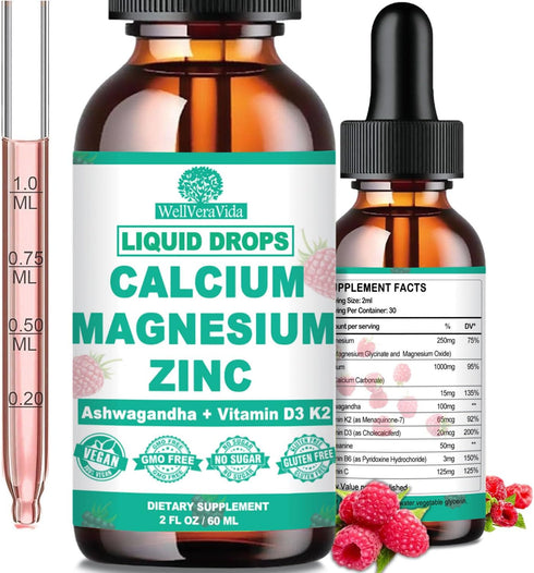 Calcium Magnesium Zinc D3 with Calm Magnesium Glycinate Plus Ashwagandha, L-Theanine, Liquid Calcium with Vitamin D3 and Magnesium Supplement for ...