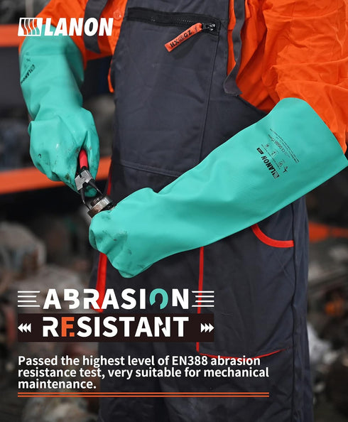 LANON Nitrile Chemical Resistant Gloves, Reusable Heavy Duty Safety Work Gloves, Acid, Alkali and Oil Protection, 18" Length, Non-Slip, Large...