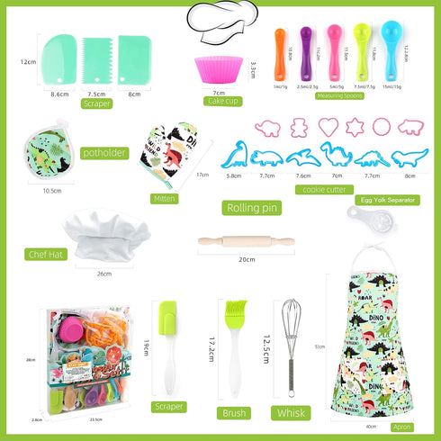 TEUVO Kids Baking Chef Set 35 Pcs with Dinosaur Apron and Mitt, Cooking Chef Dress Up Role Play Kitchen Toys Set for Kids Aged 3 4 5 6 7 8...