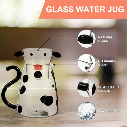 1 Set Glass Carafe Pitcher with Glass Mug Cute Cow Glass Tea Pitcher Kettle Milk Jug Night Water Carafe for Midnight Drink Home Office Hotel 550ml...