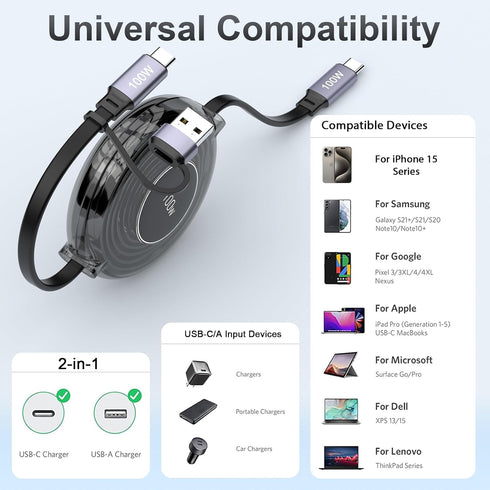 100W Retractable USB C Cable, USB A/USB C to USB C PD 5A Fast Charging Cord with Data Transfer, 100W USB C Retractable Phone Charger for iPhone 15...