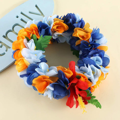 Hawaiian Luau Flower Leis Jumbo Necklace Bracelets Headband Set Mahalo Floral Leis (Blue and Orange)...