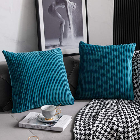 DEZENE Turquoise Throw Pillow Cases 22x22: 2 Pack Inch Original Striped Velvet Square Decorative Pillow Covers for Farmhouse Couch...