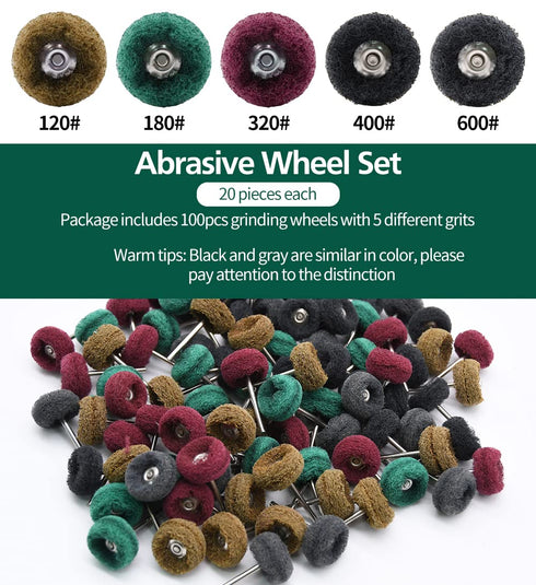 Abrasive Wheel, 100pcs 1" Buffing Polishing Wheels, Metal Polishing Compound for Rotary Tools-1/8"(3mm) Shank, 120 Grit, 180 Grit, 320 Grit, 400 G...