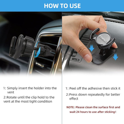 KSWNG Universal Air Vent Car Mount and Dashboard Sticker Holder 360° Rotation Clip Car Mount Phone Holder with Adjustable Switch Lock for Smartpho...