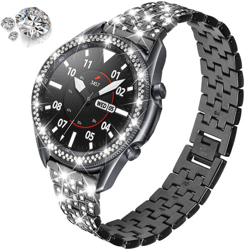 Bands Compatible with Samsung Galaxy Watch 3 (45mm), 22mm Full Rhinestone Diamond Stainless Metal Strap with Bezel Ring Cover Replacement for Wome...