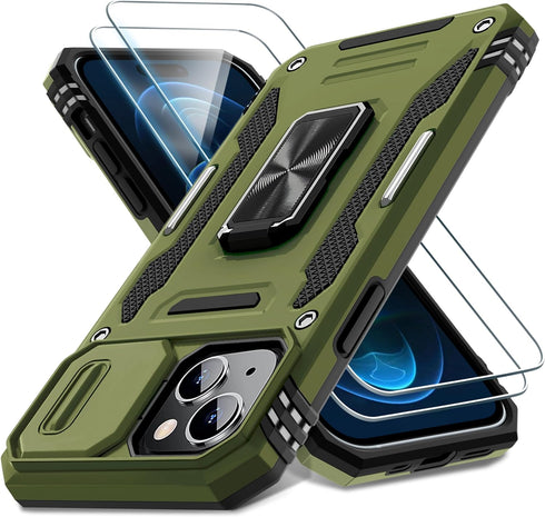 DEERLAMN for iPhone 15 Case with Slide Camera Cover + Screen Protector (2 Packs), Rotated Ring Kickstand Military Grade Shockproof Protective Cove...