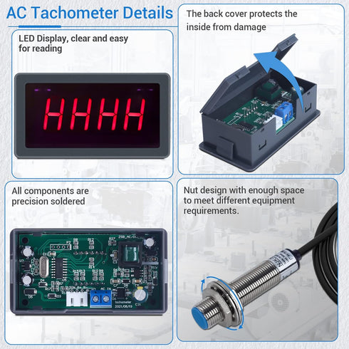 Digital LED Tachometer, Icstation RPM Speed Meter AC 110V 220V Digital Motor Tachometer with Hall Proximity Switch Sensor NPN for Lathes, Conveyor...