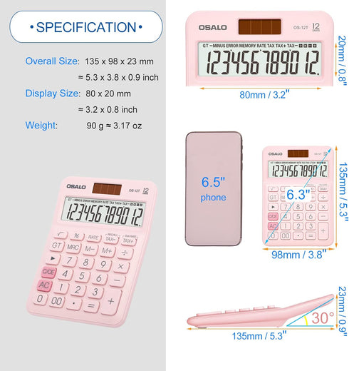 Pocket Small Size Desk Calculator, 12 Digit Large LCD Display, Basic Tax Function Handheld Desktop Calculator with Solar Battery Dual Power, Perfe...