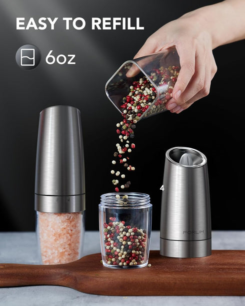 Electric Salt and Pepper Grinder Set, Upgraded 4 Batteries, Automatic Pepper Grinder with LED Light, Adjustable Coarseness One Hand Operation, Sta...