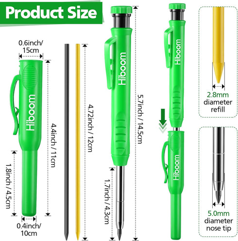 Hiboom Dunkive Carpenter Pencil Set with 12 Refills and Protective Cap, Long Nosed Deep Hole Construction Pencil Built in Sharpener for Carpenter ...