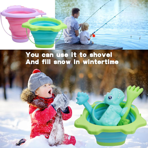 Beach Toys, Sand Box Toys for Kids Outdoor, Sand Toys with 2.5L Silicone Collapsible Bucket, Dinosaur Watering Can, Shovels for Camping Gear, Fish...