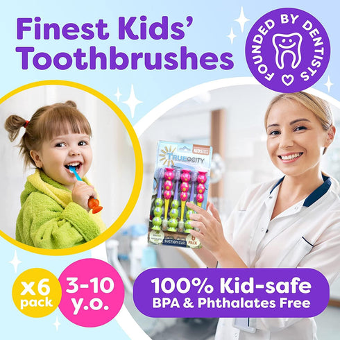 Kids Toothbrush 6 Pack - Soft Contoured Bristles - Child Sized Brush Heads (3-10 Year Old) - Suction Cup for Fun & Easy Storage - Girl & Boy Set (...