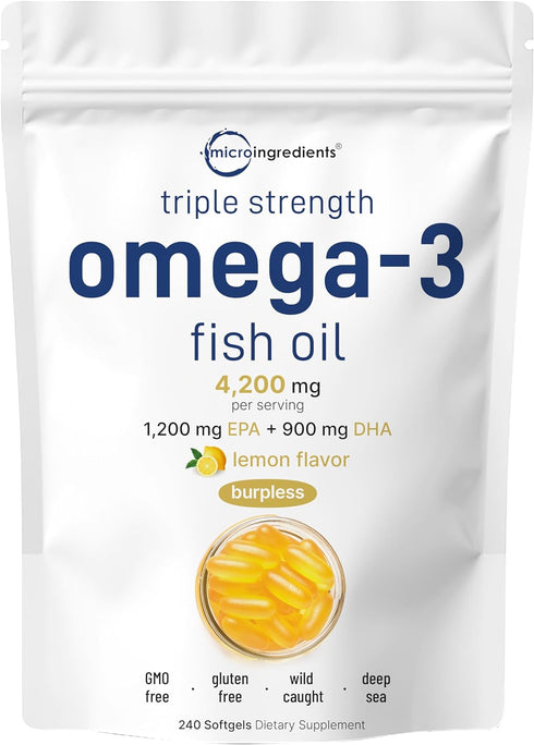 Triple Strength Omega 3 Fish Oil Supplements 4200mg Per Serving, 240 Softgels – Lemon Flavored – Burpless | EPA 1200mg + DHA 900mg | Deep Sea Fish...