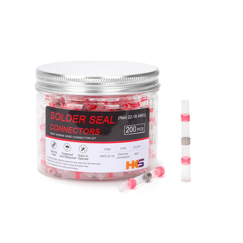 HKS 200 PCS Solder Seal Wire Connectors - Red 22-18 AWG - Heat Shrink Solder Butt Connectors - Automotive Marine Boat Crimp - Waterproof and Insul...