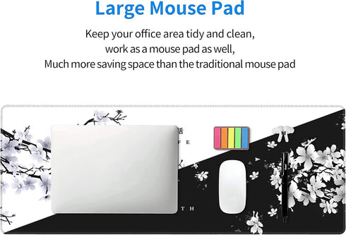Black White Cherry Blossom Mouse Pad Japanese Sakura Death Life Flower Extended Desk Mat 80X30 cm Non-Slip Rubber Base Stitched Edge Large XL Play...