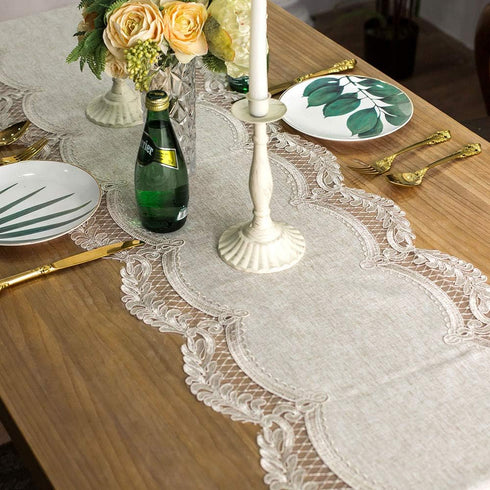 ARTABLE Lace Table Runner Rectangle Gray Cotton Linen Fabric Dresser Scarf with Exquisite Macrame Embroidery Table Runners for Kitchen Home Weddin...