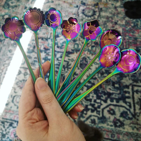 8 Pieces Rainbow Flower Spoon Coffee Teaspoon Set, Stainless Steel Stirring Spoon Tea Spoon Sugar Spoon, 8 Different Patterns...