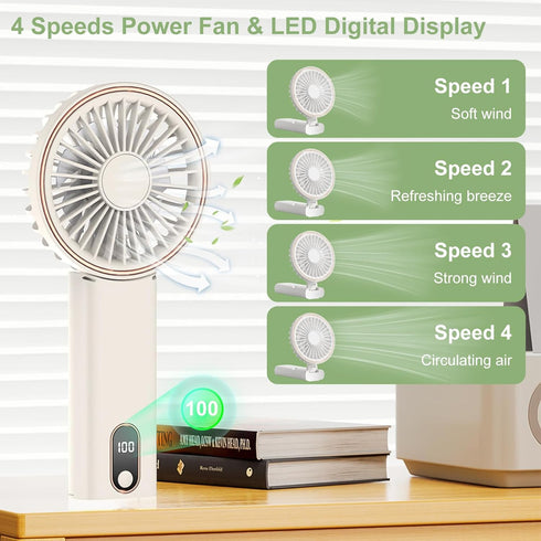 Mini Handheld Fan, Powerful Handheld Fan, Small Battery Operated Fan with LED Display, 4 Speed Adjustable, Lightweight Rechargeable Fan for Stylis...
