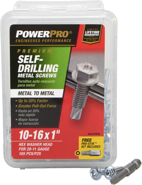 Power Pro Premium Self-Drilling Metal Screws, Zinc Plated Steel, Hex Washer Head Metal to Metal Winged Point Screws, Silver, #10 x 1 inch, Box of ...