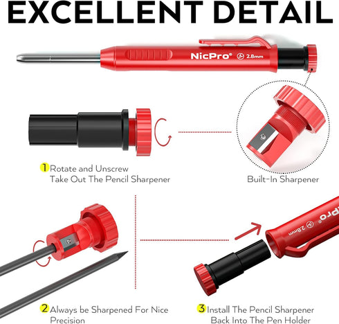 Nicpro Carpenter Pencil with Sharpener, Mechanical Pencils Set with 26 Refills, Deep Hole Marker for Construction, Heavy Duty Woodworking Pencils ...
