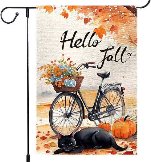 Hello Fall Garden Flag 12x18 Double Sided, Small Burlap Autumn Black Cat Bicycle Garden Flag Fall Thanksgiving pumpkin Outside Outdoor House Yard ...